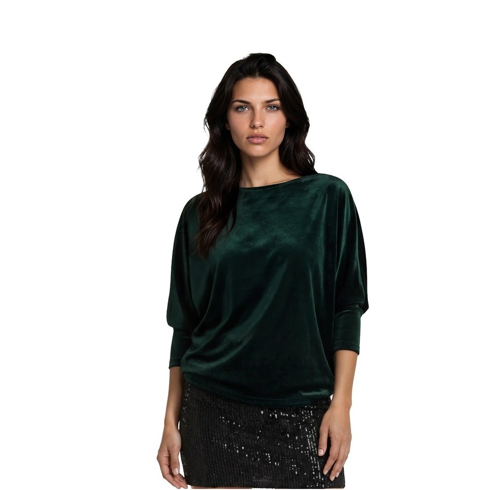 Boston Proper Velvet Top Women's Size Small Green Dolman Sleeve Boat Neck Luxe